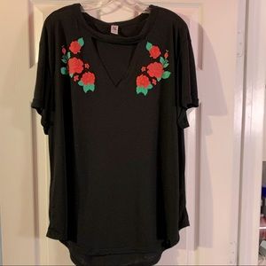 Black Tee with Rose Appliqués